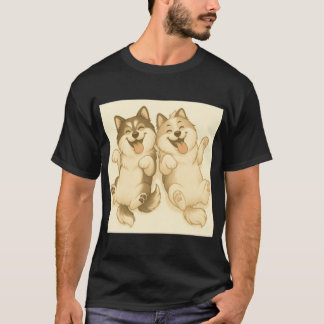 T-shirt Happy Fluffy Duo Dogs Illustration LeviPippi vinta
