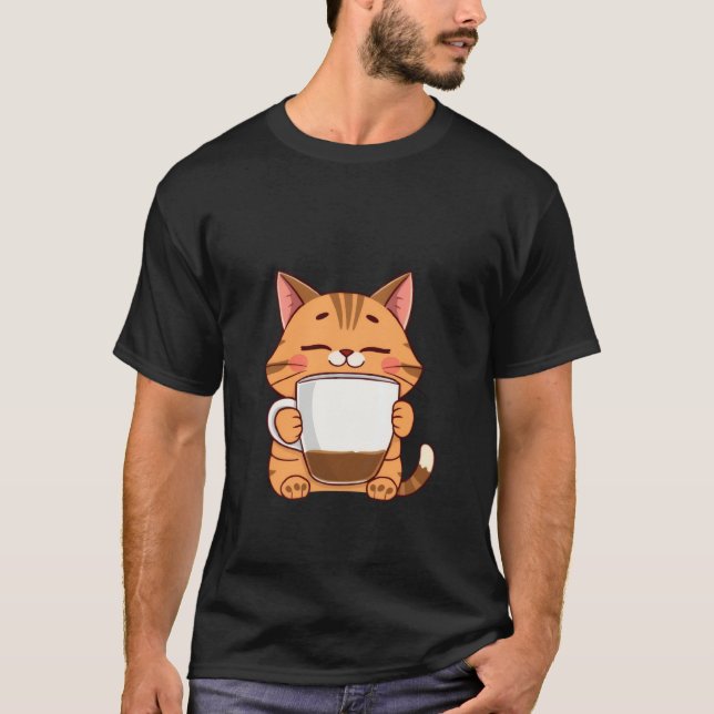 T-shirt Happy Ginger Cat Hugging Coffee Mug Peace ✨🐾☕ (Devant)