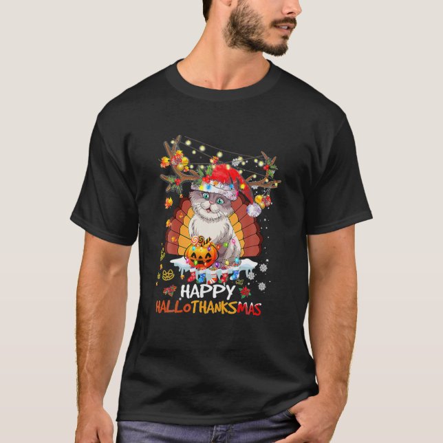 T-shirt Happy Hallothanksmas 2021Cute Cat Halloween Merry (Devant)