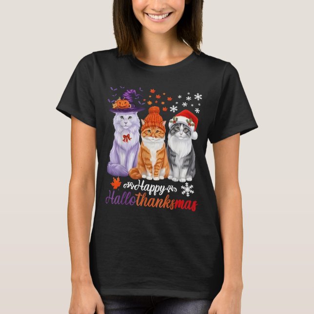 T-shirt Happy HalloThanksMas Cats Halloween Thanksgiving C (Devant)
