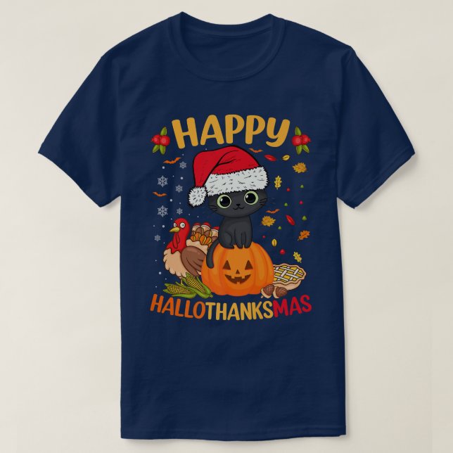T-shirt Happy HalloThanksMas Chat Noir Santa Hat Vacances  (Design devant)