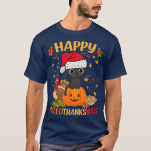 T-shirt Happy HalloThanksMas Chat Noir Santa Hat Vacances 