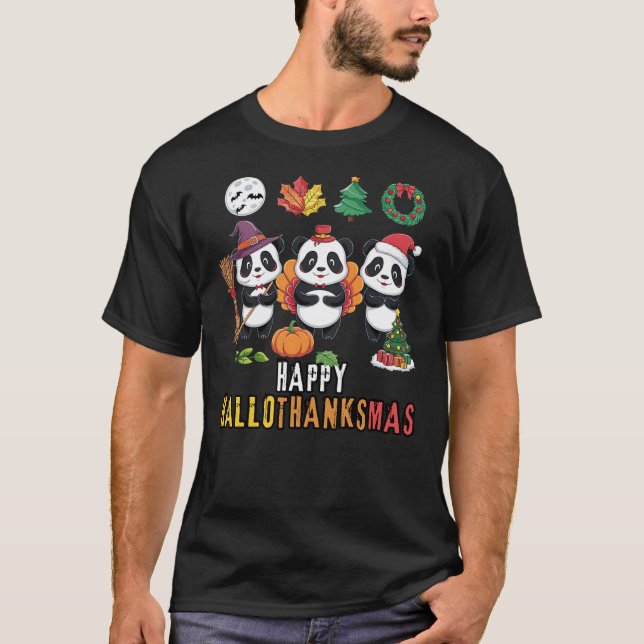 T-shirt Happy Hallothanksmas Christmas Halloween, Panda Th (Devant)