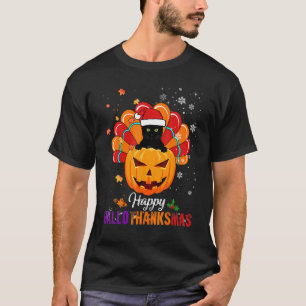 T-shirt Happy HalloThanksMas Citrouille Automne Chat noir