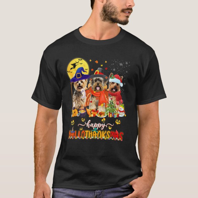 T-shirt Happy Hallothanksmas Cute Yorkie Wizard Hat Turkey (Devant)