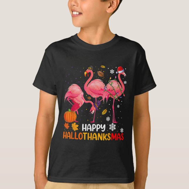 T-shirt Happy Hallothanksmas Flamant rose (Devant)
