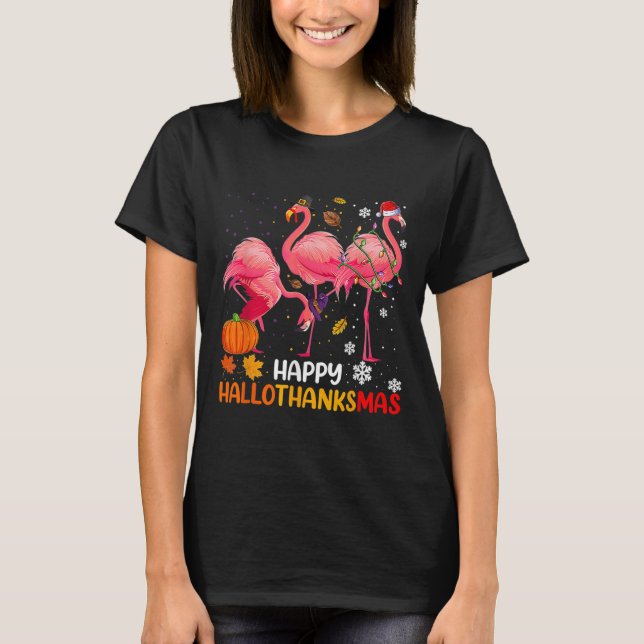 T-shirt Happy Hallothanksmas Flamant rose (Devant)
