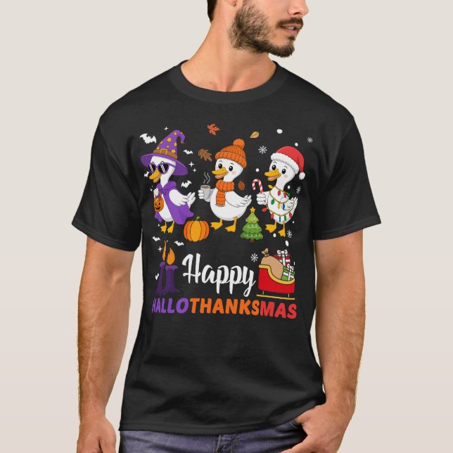 T-shirt Happy Hallothanksmas Goose Halloween Thanksgiving  (Devant)