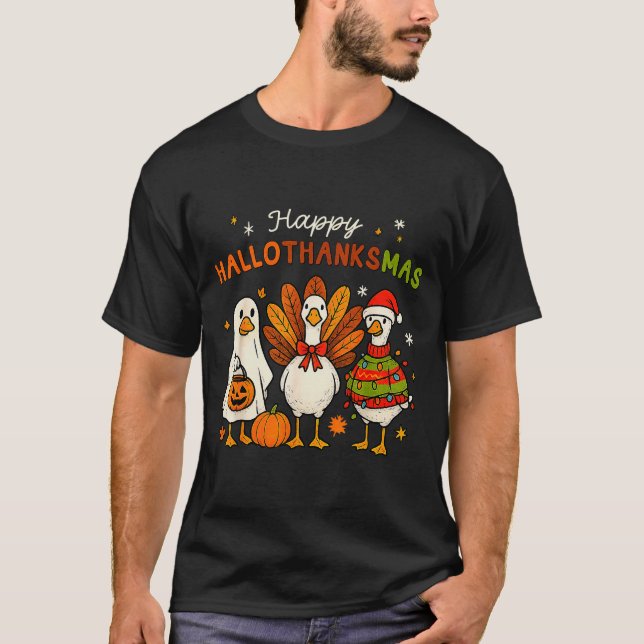 T-shirt Happy Hallothanksmas Goose Halloween Thanksgiving  (Devant)