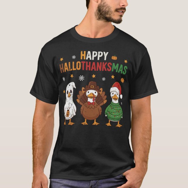 T-shirt Happy Hallothanksmas Goose Halloween Thanksgiving  (Devant)