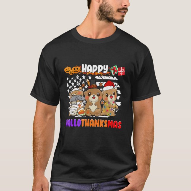 T-shirt Happy Hallothanksmas Otter  Thanksgiving Christmas (Devant)