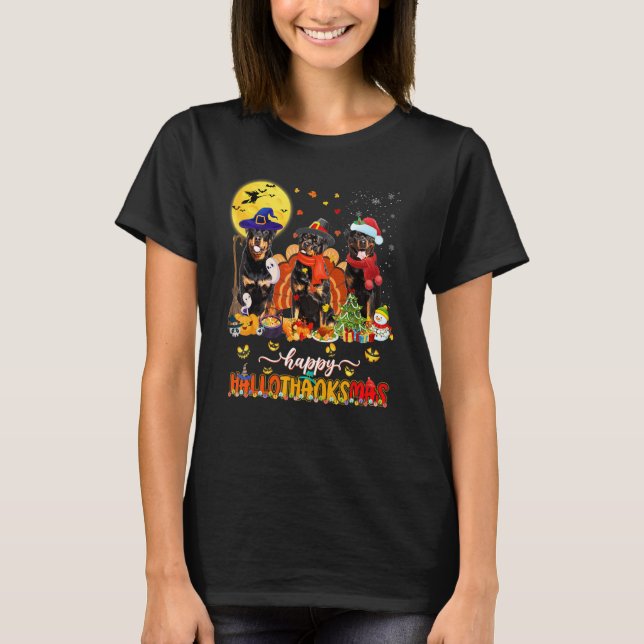 T-shirt Happy Hallothanksmas Rottweiler Wizard Hat Turkey  (Devant)