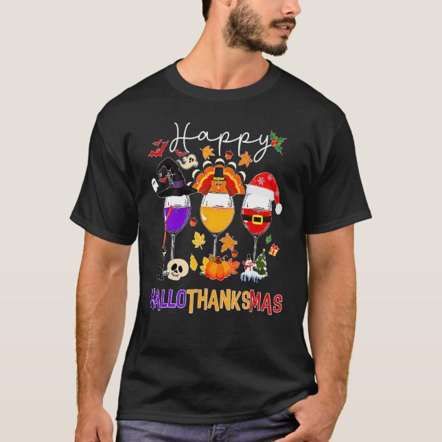 T-shirt Happy Hallothanksmas Wine Glasses Witch Santa Hat  (Devant)