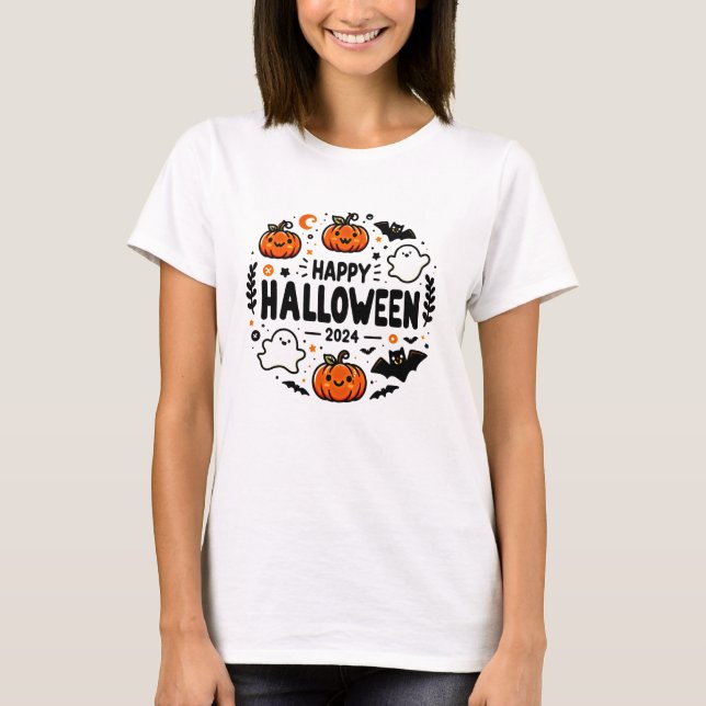 T-shirt Happy Halloween 2024 Citrouille mignon, fantôme et (Devant)