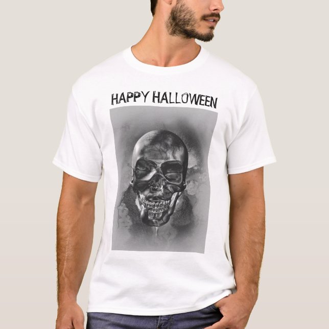T-shirt Happy Halloween. Black and white skull design (Devant)
