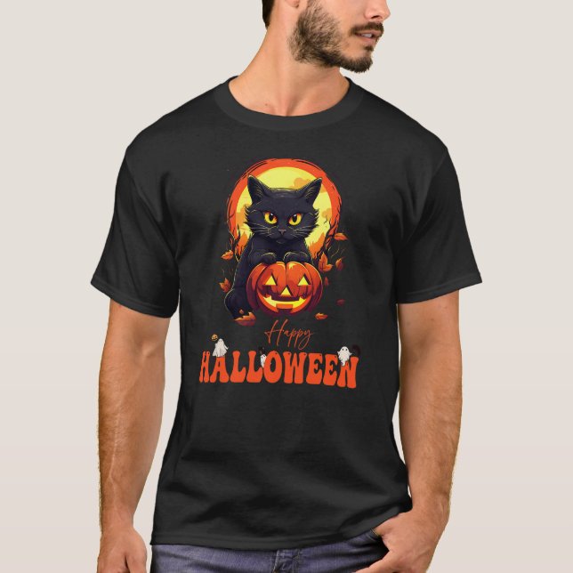 T-shirt Happy Halloween Black Cat Scary Cat Ghost Pumpkin  (Devant)