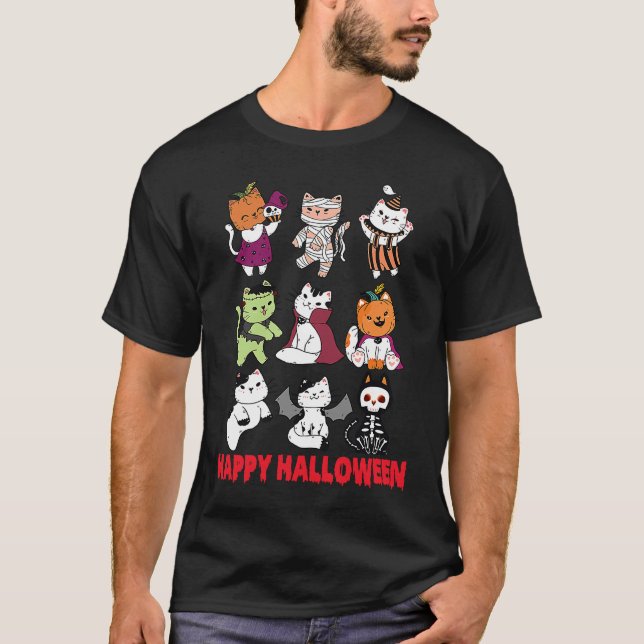 T-shirt Happy Halloween Cat Characters Mummy Dracula Bat S (Devant)
