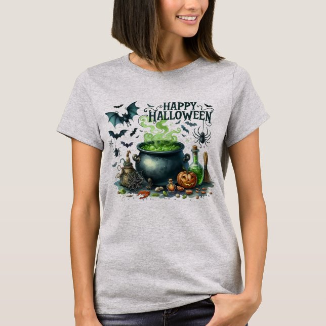 T-shirt Happy Halloween Cauldron Bats Spider (Devant)