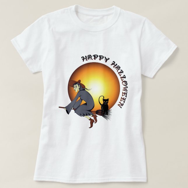 T-shirt Happy Halloween Chat noir et sorcière (Design devant)