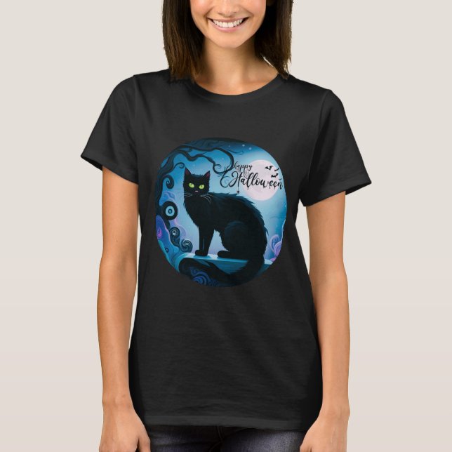 T-shirt Happy Halloween Chat noir Pleine lune Halloween (Devant)