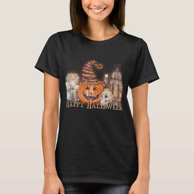 T-shirt Happy Halloween Citrouille aquarelle (Devant)