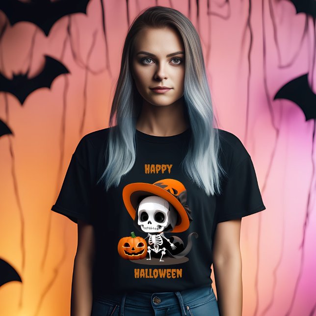 T-shirt Happy Halloween Cute Kawaii Skeleton & Citrouille (Créateur téléchargé)