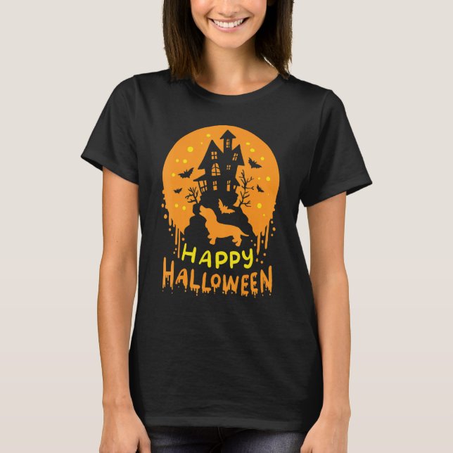 T-shirt Happy Halloween Dachshund Wiener Chien Bat Ghost C (Devant)