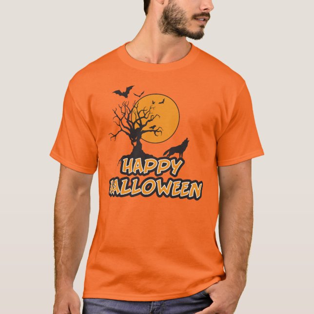 T-shirt Happy Halloween Déplaisant Tree & Howling Wolf T-S (Devant)