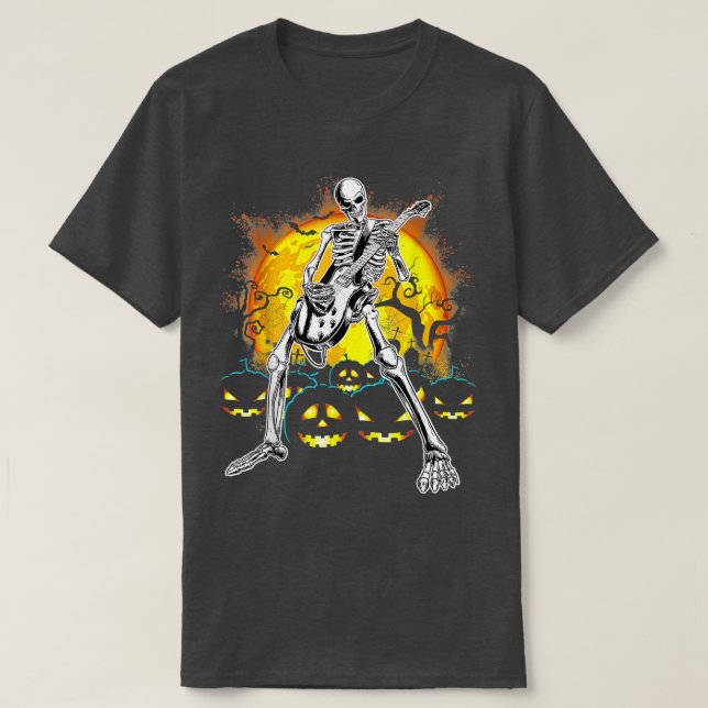 T-shirt Happy Halloween Funny Skeleton Playing Guitar Pump (Design devant)