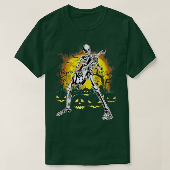 T-shirt Happy Halloween Funny Skeleton Playing Guitar Pump (Design devant)