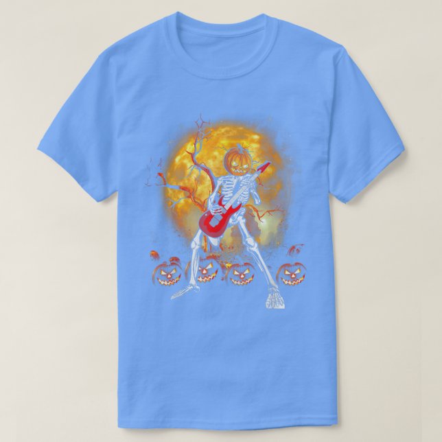 T-shirt Happy Halloween Funny Skeleton Playing Guitar Pump (Design devant)