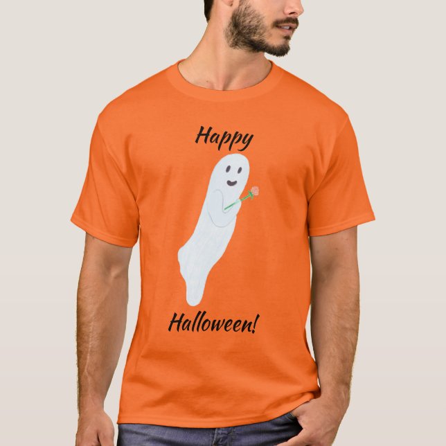 T-shirt Happy Halloween Ghost tenant des chemises Roses or (Devant)