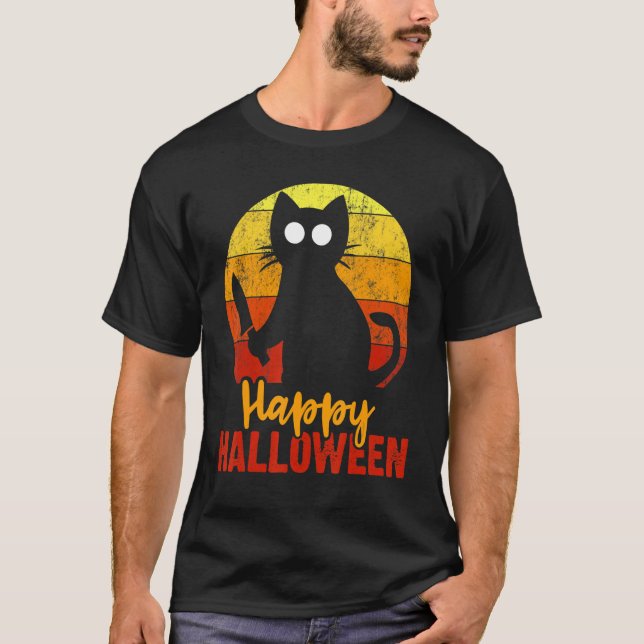 T-shirt Happy Halloween Horreur Chat Noir avec Couvercle e (Devant)