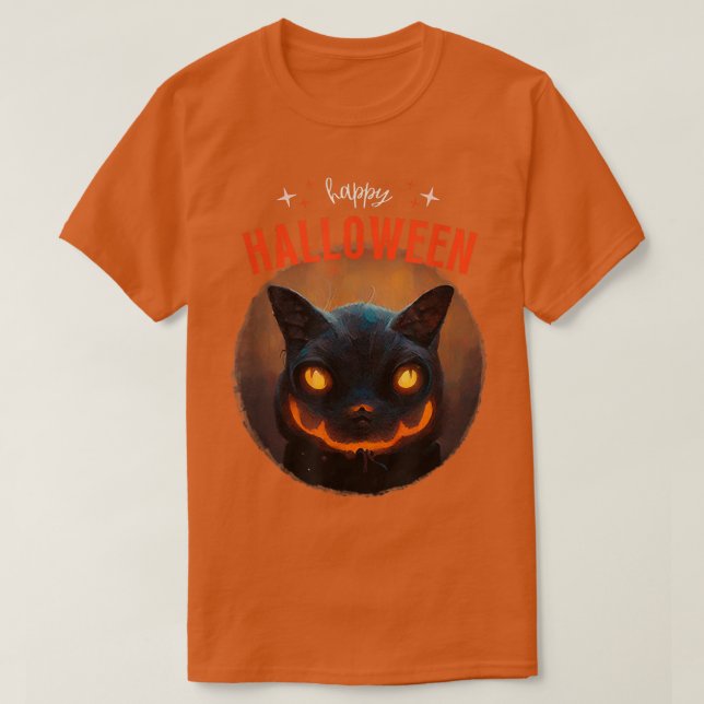 T-shirt Happy Halloween Jack-o'-lantern Cat (Design devant)