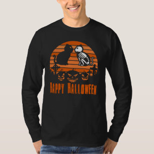 T-shirt Happy Halloween Skeleton Cat Retro Sunset