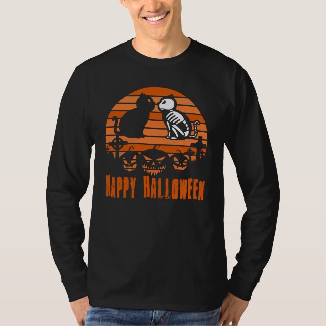 T-shirt Happy Halloween Skeleton Cat Retro Sunset (Devant)