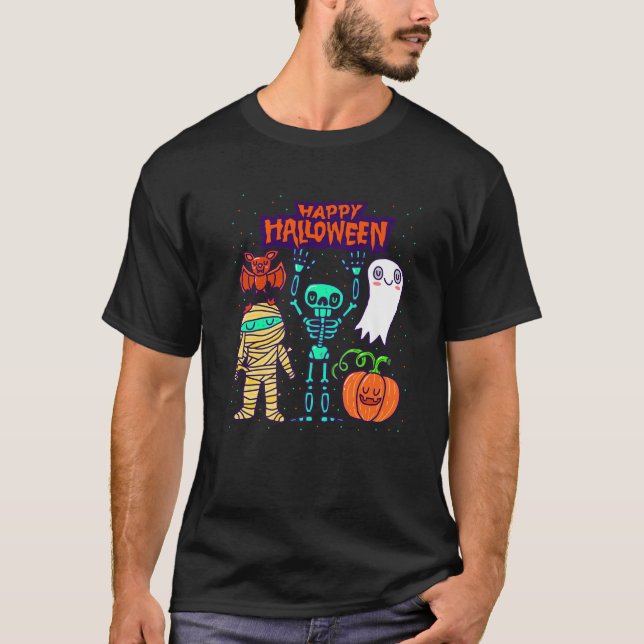 T-shirt Happy Halloween Squelette Citrouille Ghost mignons (Devant)