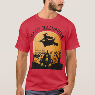 T-shirt Happy Halloween Witch Flying Over a Haunted House 