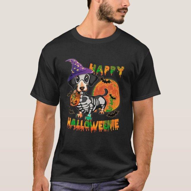 T-shirt Happy Halloweenie Dachshund Chien Ghost Halloween  (Devant)