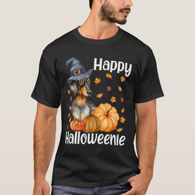 T-shirt Happy Halloweenie Halloween Dachshund Witch Wiener (Devant)
