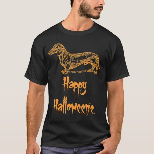 T-shirt Happy Halloweenie Orange Halloween Dachshund Chien (Devant)