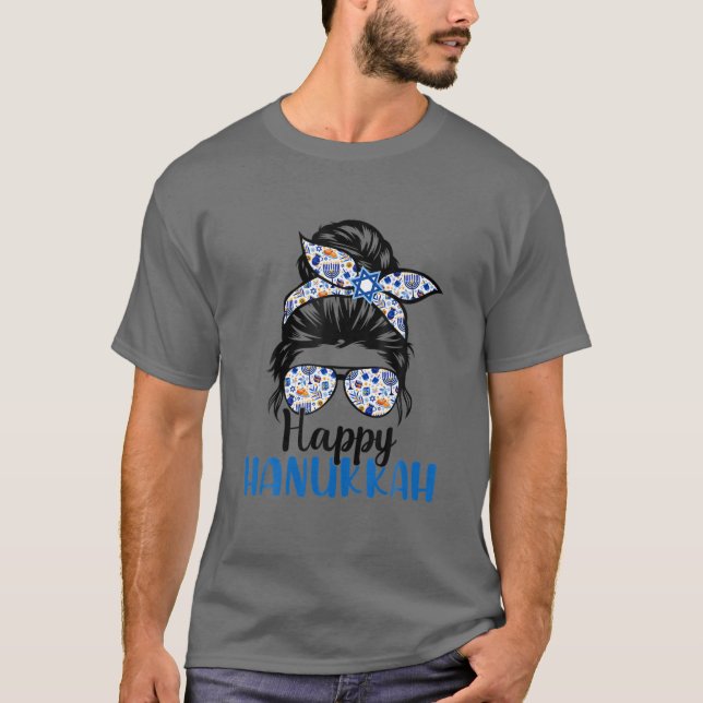T-shirt Happy Hanoukka juive Messy Bun Femmes Noël Pa (Devant)