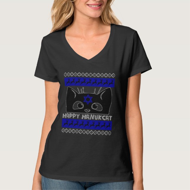T-shirt Happy Hanucat Cat Menorah Hanukkah Jewish (Devant)