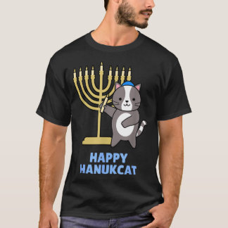 T-shirt Happy Hanukcat Black Cat Meowzel Tov Menorah Funny