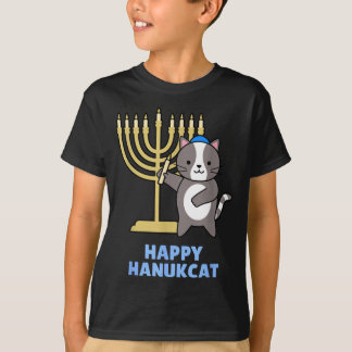 T-shirt Happy Hanukcat Black Cat Meowzel Tov Menorah Funny