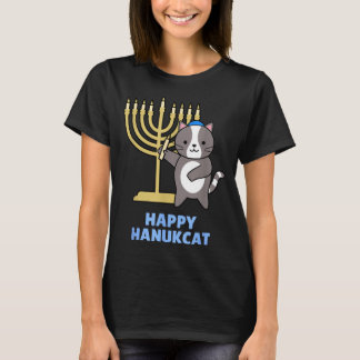T-shirt Happy Hanukcat Black Cat Meowzel Tov Menorah Funny