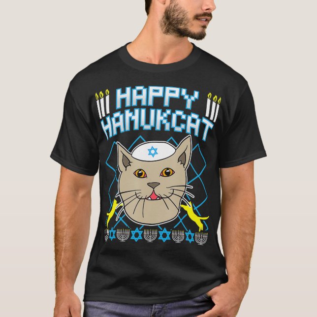 T-shirt Happy Hanukcat  Jewish Cat Ugly Christmas Sweater  (Devant)