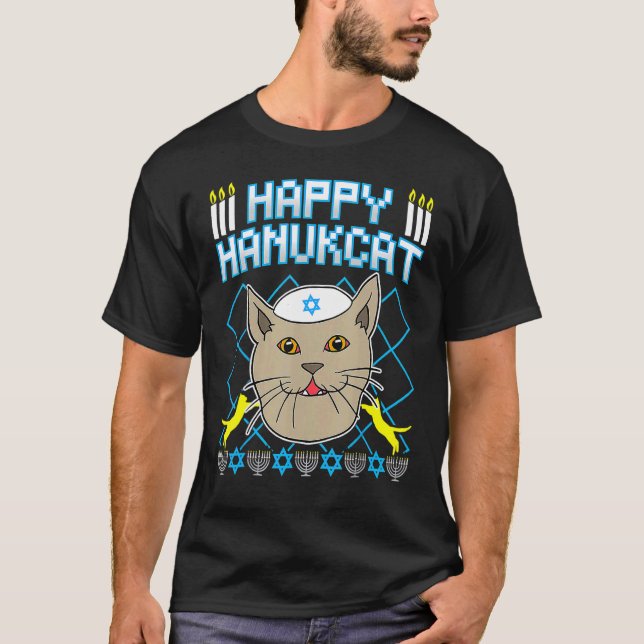 T-shirt Happy Hanukcat  Jewish Cat Ugly Christmas Sweater (Devant)