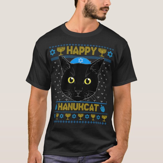 T-shirt Happy Hanukcat Ugly Hanoukka Sweater Chat Chanukah (Devant)