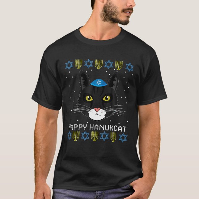 T-shirt Happy Hanukcat Ugly Hanoukka Sweater Chat Chanukah (Devant)